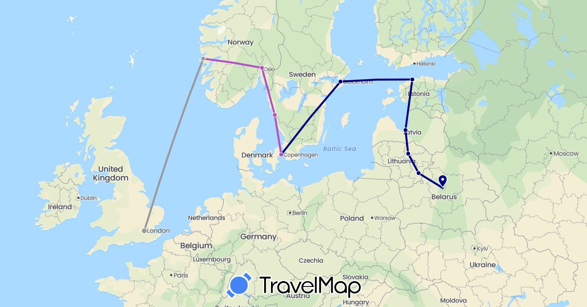 TravelMap itinerary: driving, plane, train in Belarus, Denmark, Estonia, United Kingdom, Lithuania, Latvia, Norway, Sweden (Europe)